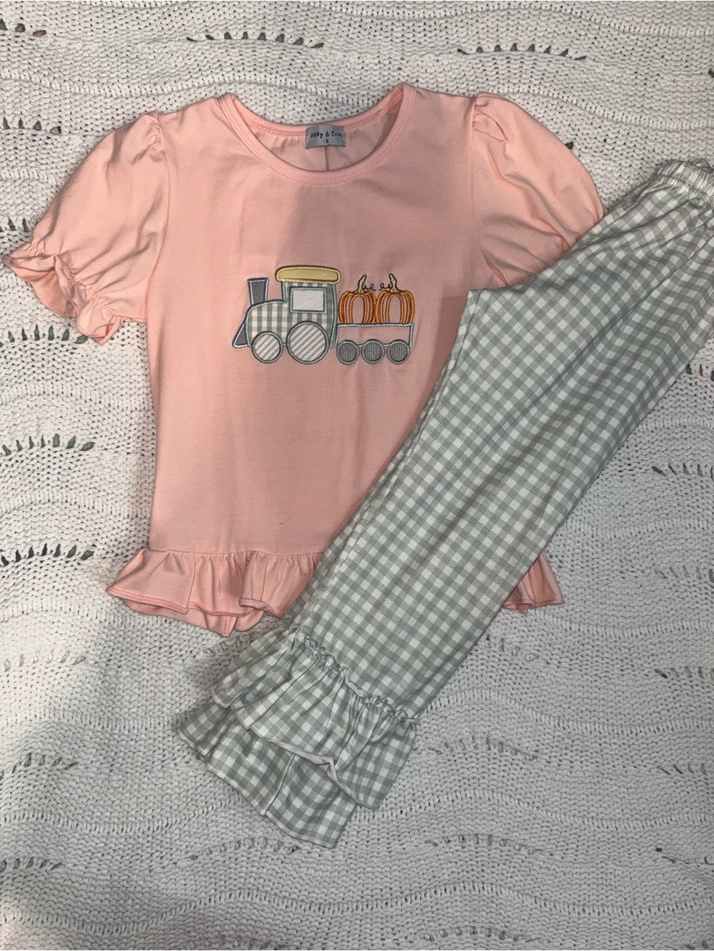 Abby & Evie Train Appliquรฉ Girls' Fall Pumpkin Set with Gray Gingham Pants